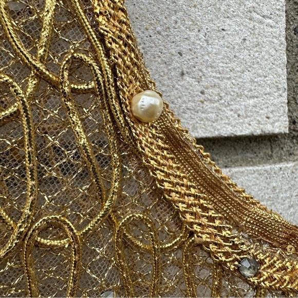 Vintage Saks Fifth Avenue Gold Mesh Pearl Rhinestone Beaded Sheer Vest Topper XS - Picture 10 of 12